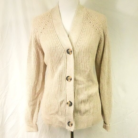 100% Cotton Sweater Cardigan with Buttons Chunky Knit Winter Medium Tan Top - Picture 1 of 5